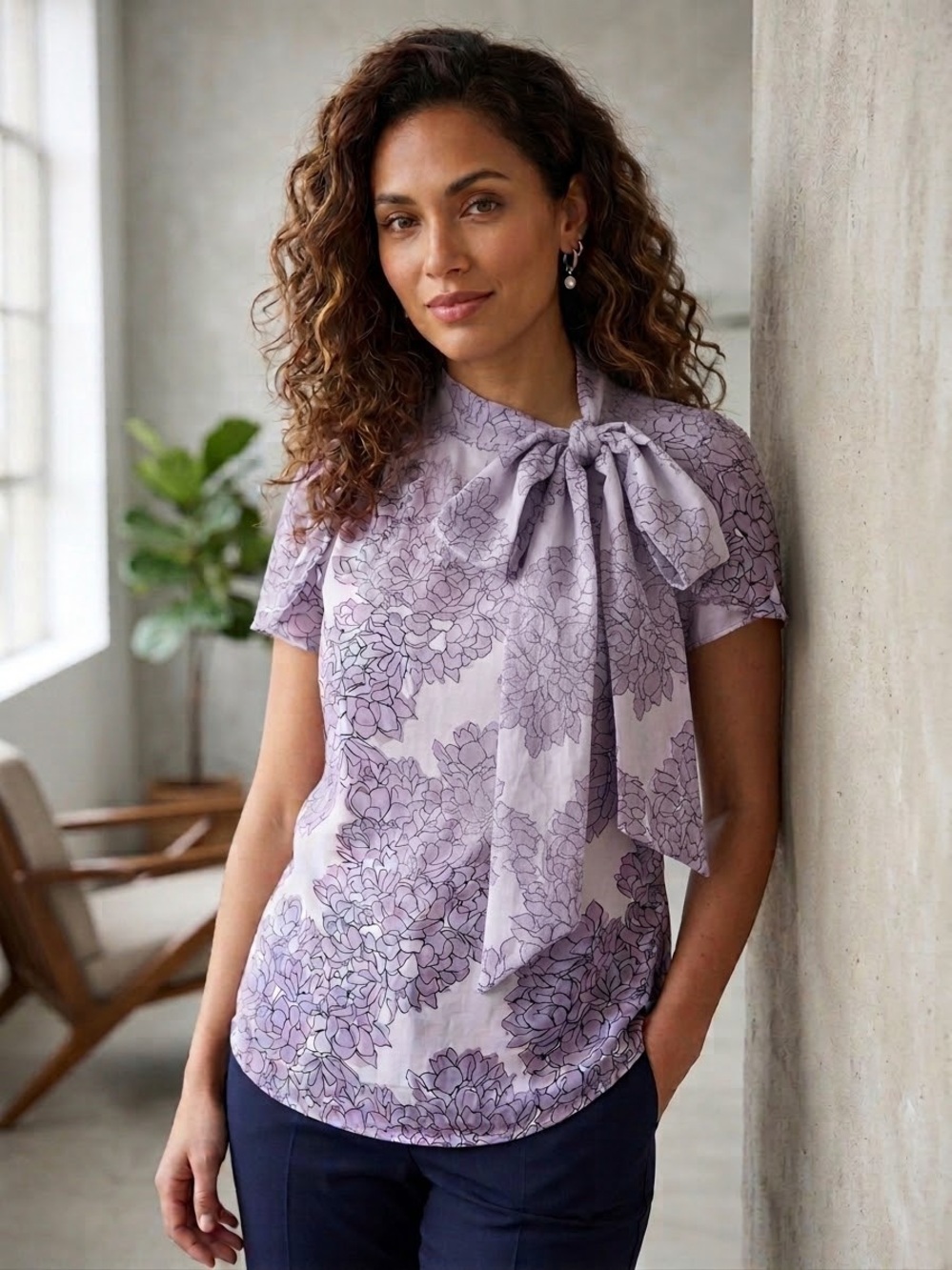 GAP Lavender Floral Tie-Neck Blouse